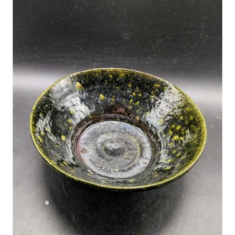 Vintage 1997 Signed Studio Pottery Bowl Black Green Raku Glaze Signed Bo 10